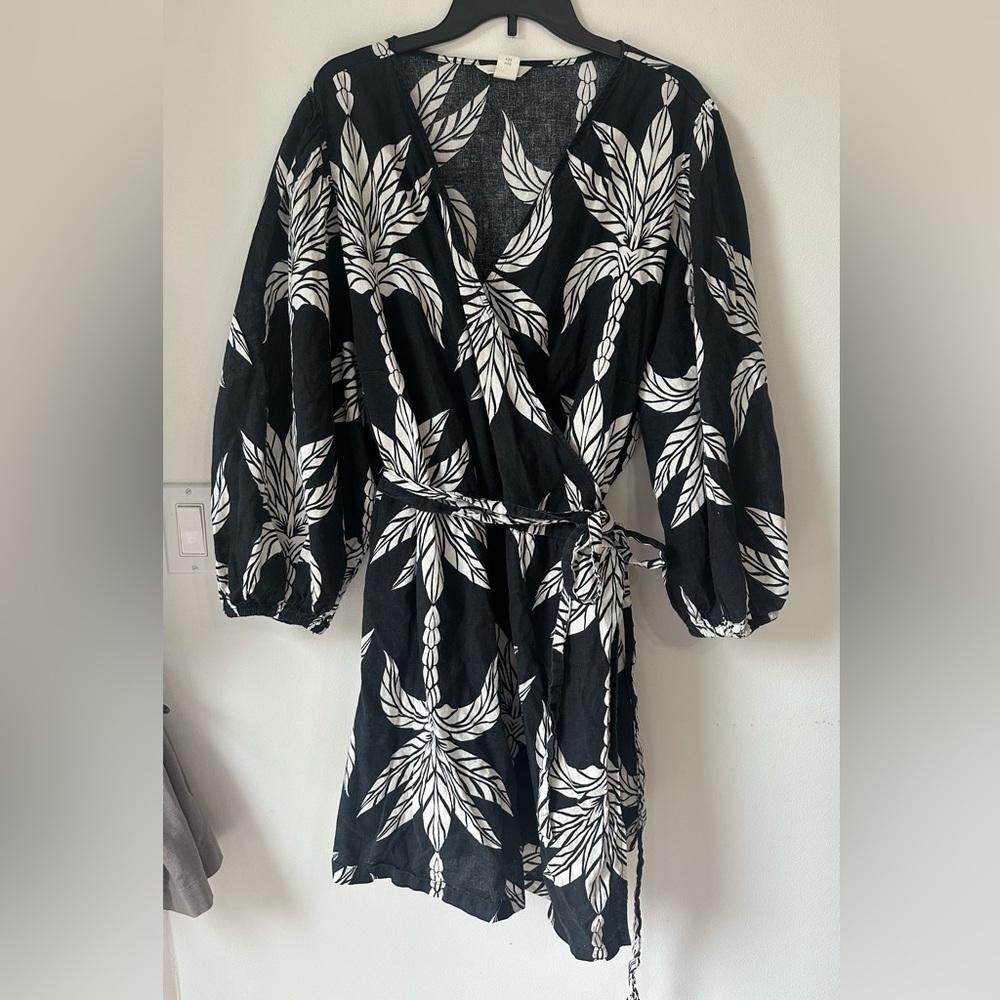 H&M Monochrome Leaf Print Wrap Dress Cotton Linen Black White 3X